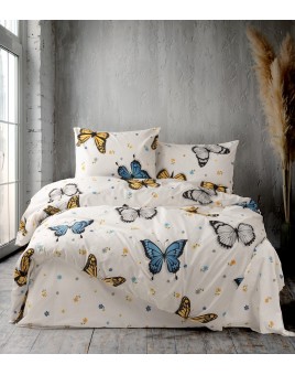 ETEHOMETEX Çift Kişilik Ranforce Pamuklu Lastikli Çarşaflı Nevresim Takımı KELEBEK MAVİ 8696474232058